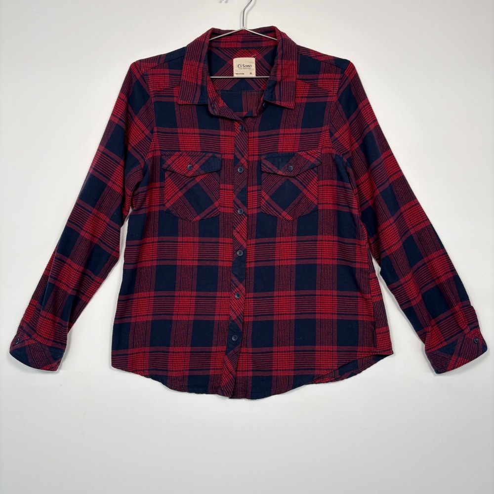 Ci Sono Women Button Down Shirt XL Red Navy Plaid Cotton PTP49 Flannel Fall
